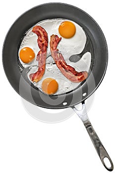 Fried Eggs with Pork Bacon Rashers in Teflon Frying Pan Isolated on White Background