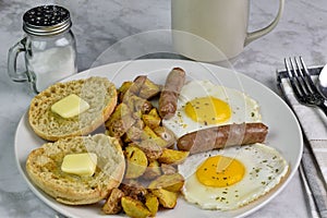 fried eggs with sausage and home fries
