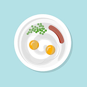 Fried eggs and sausage on the white plate. Vector illustration