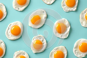 Fried eggs, scrambled eggs on blue background in food pattern. View from above. Food fashion minimalistic concept. Fried eggs