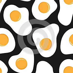 Fried eggs seamless pattern on black background.
