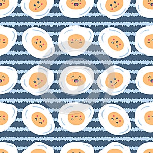 Fried eggs seamless pattern with funny faces on striped background. Cute characters print for T-shirt, fabric, stationery. Babyish