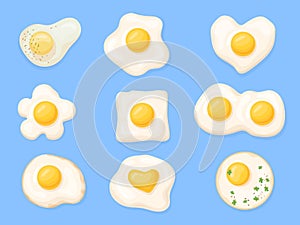 Fried eggs shapes. Omelet icons, chicken fry egg sunny side up omelette circle heart different shapes with herbs and