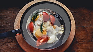 Fried eggs with tomatoes and dill fried in a pan in a rustic style. antique wood window sill stand