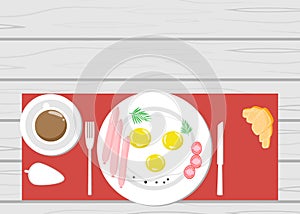 Fried eggs on a wooden table vector greens