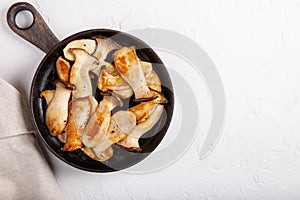 Fried eryngii mushrooms in cast-iron pan on white table. Grilled slices of king oyster mushrooms. Top view, copy space