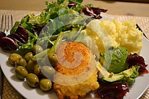 Fried fish with blanched beans, olives, avocado, cranberries sauce, potato puree and salad