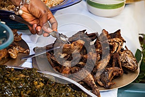 Fried fish the Cameroonian way displayed on a buffet.table