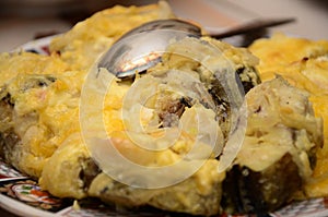 Fried fish with cheese sauce with spoon on plate