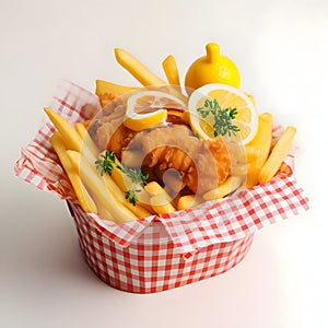 Fried fish, chips and lemon in a basket on a white background