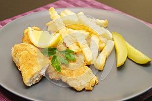 Fried fish and chips on the plate for dinner