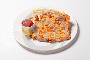 Fried fish and chips on the white plate