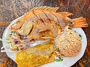 Fried fish with coconut rice, typical Colombian food photo