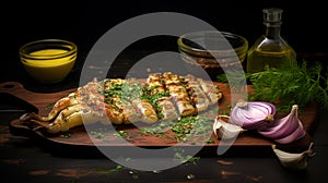 Fried fish on a cutting board with spices.Generated by AI