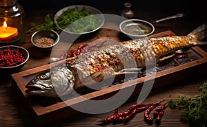 Fried fish on a cutting board with spices.Generated by AI