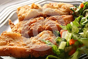 Fried fish filet in dish with salad