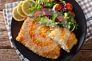 Fried fish fillet in breading and fresh vegetable salad close-up. horizontal top view