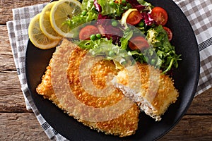 Fried fish fillet in breading and fresh vegetable salad close-up. horizontal top view photo