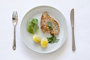 Fried fish fillet from the flatfish flounder with potatoes, spinach and flat leaf parsley. Top view with cutlery