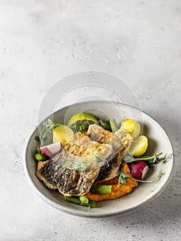 Fried fish fillet with potatoes and vegetable salad on white textured background. Text space, copy space