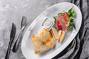 Fried fish fillet with salad and lemon in plate over rustic background. Hot fish dish. Top view, flat lay