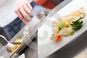 Fried fish fillets and vegetables
