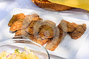 Fried fish fillets on white plate