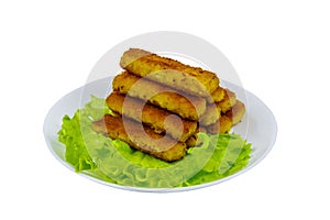 Fried fish fingers on a plate with lettuce isolated on white background