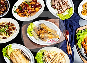 fried fish jaw roast, Pan fried fish maw, Pineapple Shrimp Balls, Sizzling tofu, grilled salted pork, Kung Pao Chicken, Braised photo