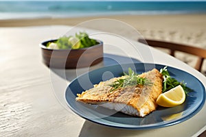 A fried fish on a plate in a restaurant on the coast of the south sea Mediterranean sea vacation sun