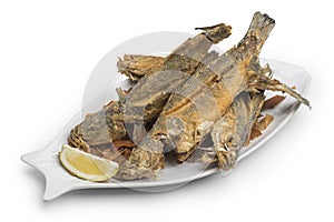 Fried Fish plate on white background, Clipping Path included