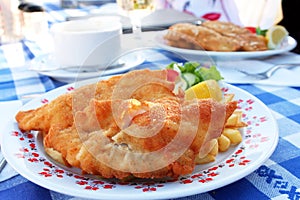 Fried fish with potato on the plate