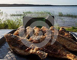 Fried fish on a table in front of a lake