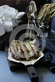 Fried fish with teriyaki and rosemary