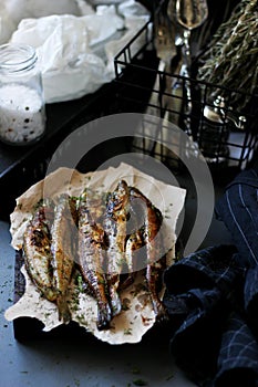 Fried fish with teriyaki and rosemary