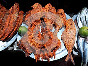 Fried fishes in the fish market
