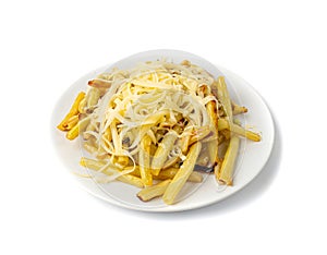 Fried French Beans, Cooked Yellow Pods with Grated Cheese, Healthy Diet Vegetables on White Background