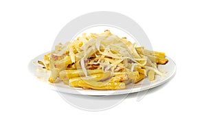Fried French Beans, Cooked Yellow Pods with Grated Cheese, Healthy Diet Vegetables on White Background