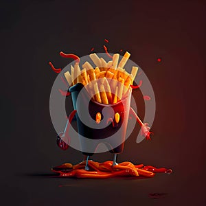 Fried French fries, fast food concept, 3d render illustration