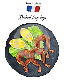 Fried frog legs with lemon and lettuce watercolor