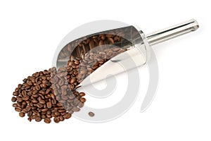 The fried grains of coffee and metal scoop