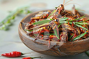 Fried grasshopper or belalang goreng is a traditional Southeast Asian food served topped with green leaves. Alternative