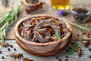 Fried grasshopper or belalang goreng is a traditional Southeast Asian food served topped with green leaves. Alternative