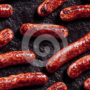 Fried or grilled sausages on black - seamless food pattern