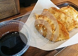 Fried Gyoza Dipping Sauce on Wooden Tray