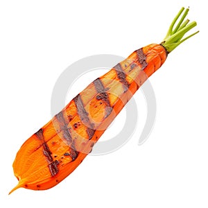 Fried half of fresh carrot isolated on a white or transparent background. Grilled carrot close-up, side view. Design