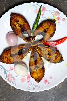 fried Hilsa fish on kitchen