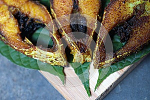 fried Hilsa fish on kitchen