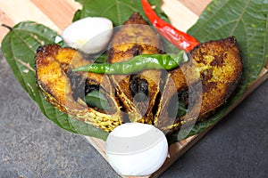 fried Hilsa fish on kitchen