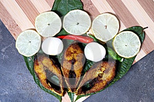 fried Hilsa fish on kitchen